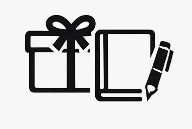 Libretas personalizadas: libreta a lado de una pluma frente a una caja de regalo de bordes negros en fondo transparente.