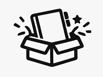 Libretas personalizadas: figura de una libreta saliendo de una caja con bordes color negro en un fondo transparente.
