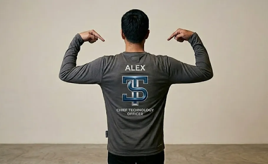 Fotografía de un hombre usando una de las playeras personalizadas de Ink Soluciones color gris con logo en color azul.