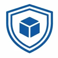 Grabado láser: figura de un escudo con la figura de una caja de color azul en un fondo color blanco.