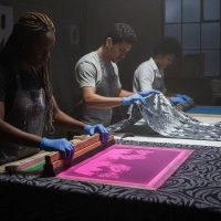 Fotografía de persona de pie en un cuarto con poca luz realizando serigrafía en textiles en general.